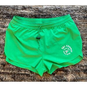 District Vision Mula Green Running Shorts large 3” split seam Sri Chinmoy